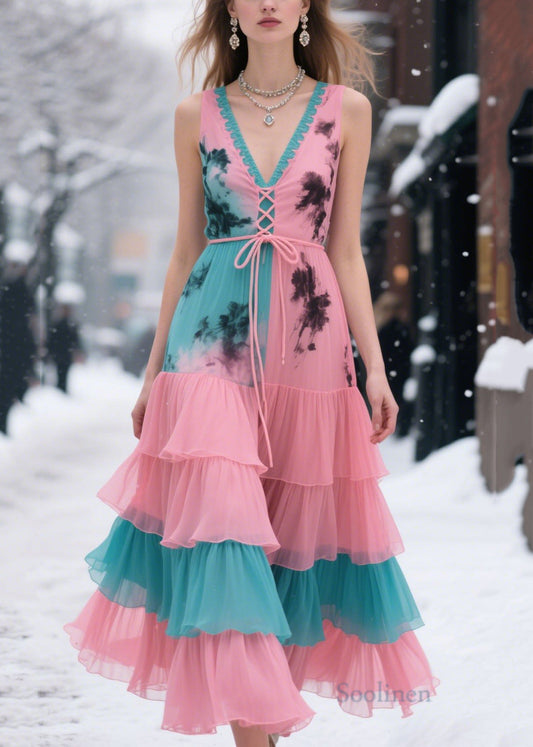 Bohemian Pink Cross Strap Patchwork Chiffon Holiday Dresses Summer