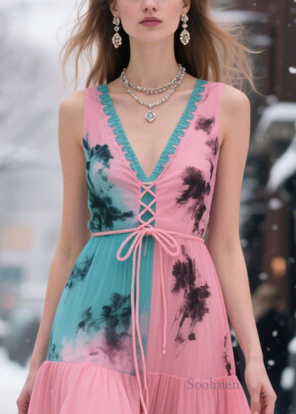 Bohemian Pink Cross Strap Patchwork Chiffon Holiday Dresses Summer