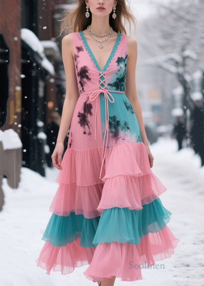 Bohemian Pink Cross Strap Patchwork Chiffon Holiday Dresses Summer