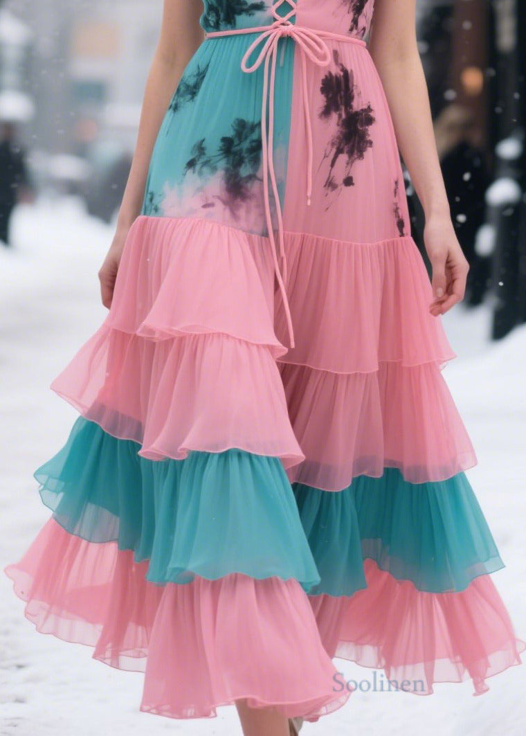 Bohemian Pink Cross Strap Patchwork Chiffon Holiday Dresses Summer