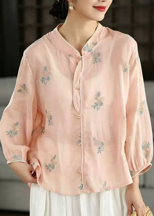 Bohemian Pink Embroidered Oversized Linen Shirt Spring