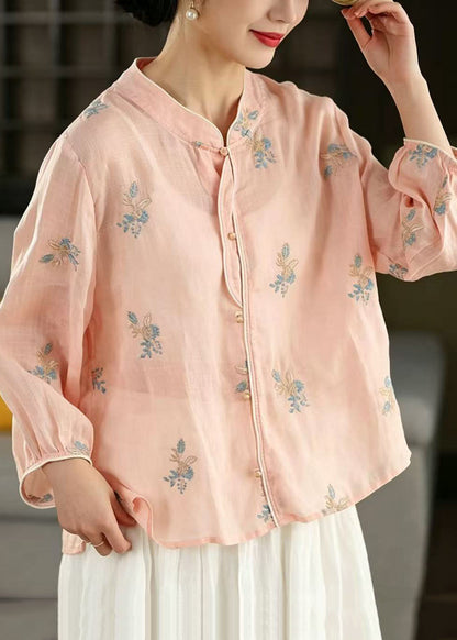 Bohemian Pink Embroidered Oversized Linen Shirt Spring