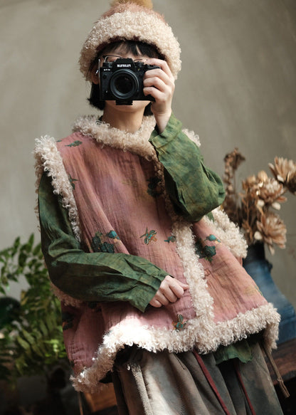 Bohemian Pink Faux Fur Patchwork Fine Cotton Filled Vest Winter