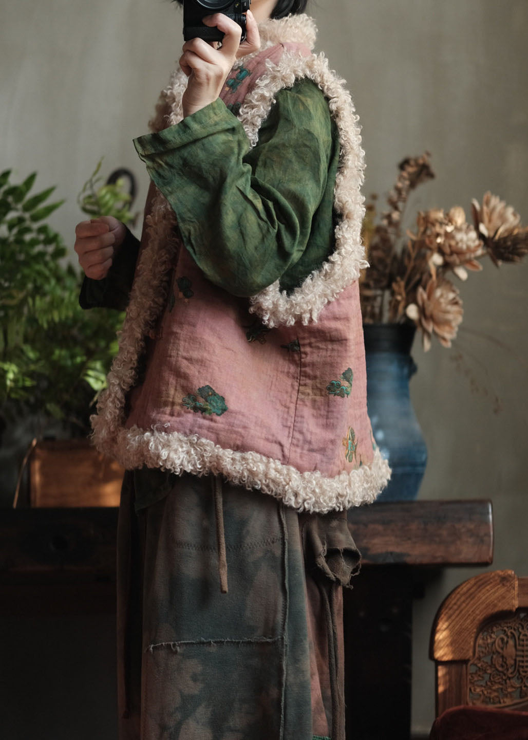 Bohemian Pink Faux Fur Patchwork Fine Cotton Filled Vest Winter