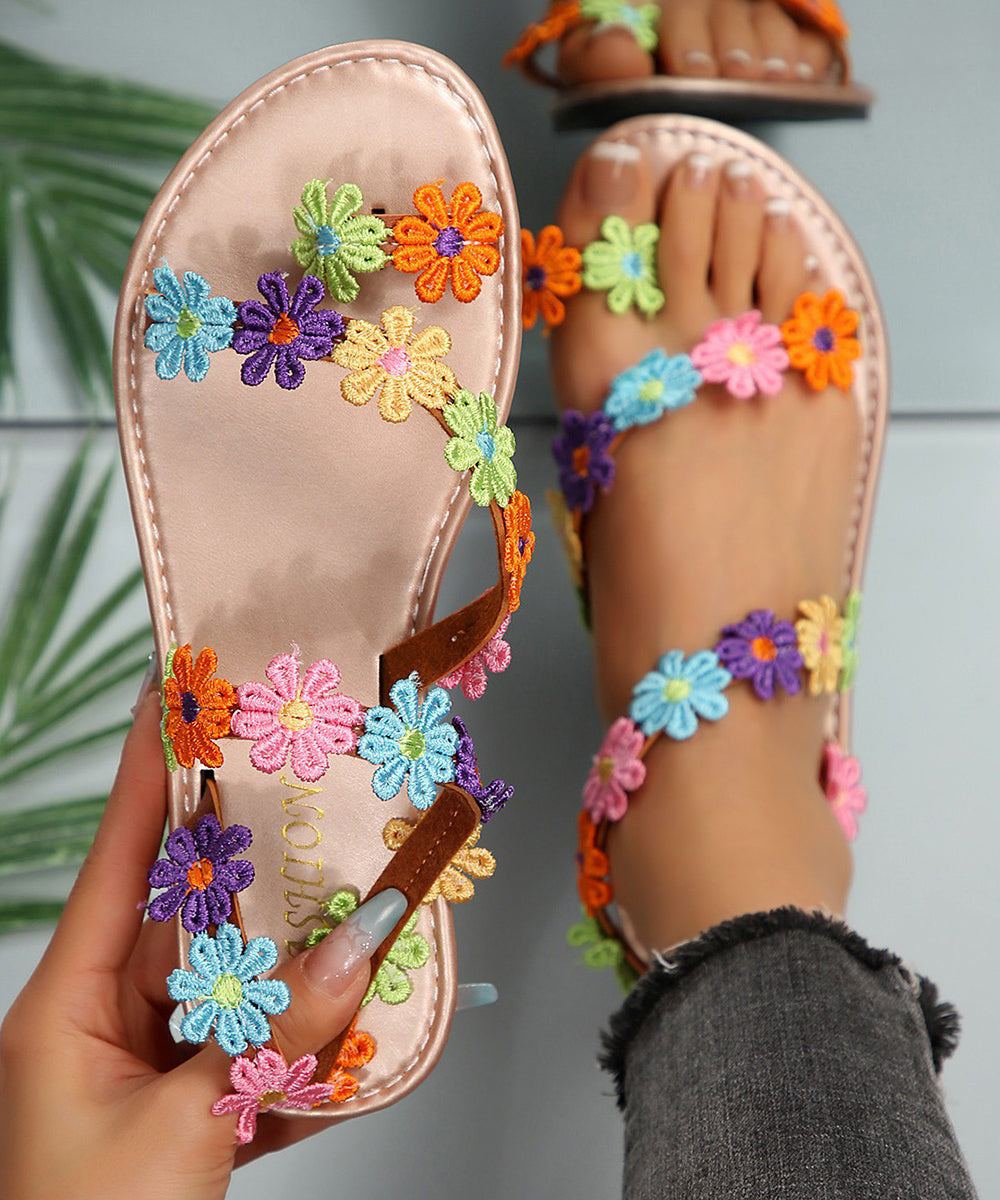 Bohemian Pink Faux Leather Multi Floral Splicing Sandals