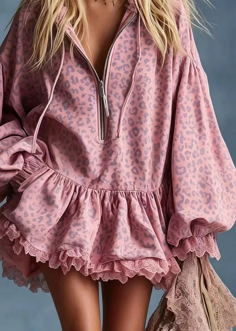 Bohemian Pink Leopard Zip Up Mini Dress Lantern Sleeve