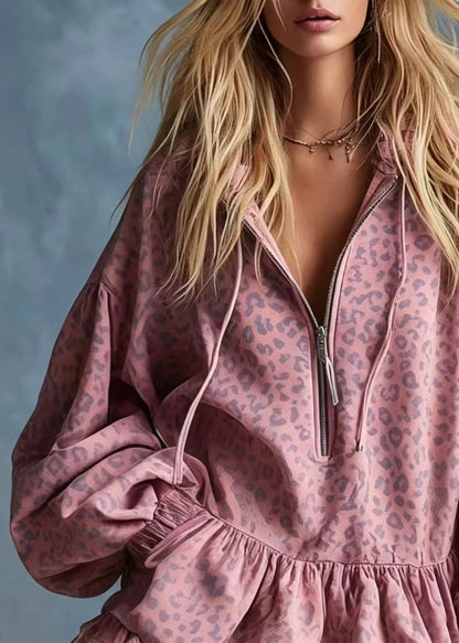 Bohemian Pink Leopard Zip Up Mini Dress Lantern Sleeve