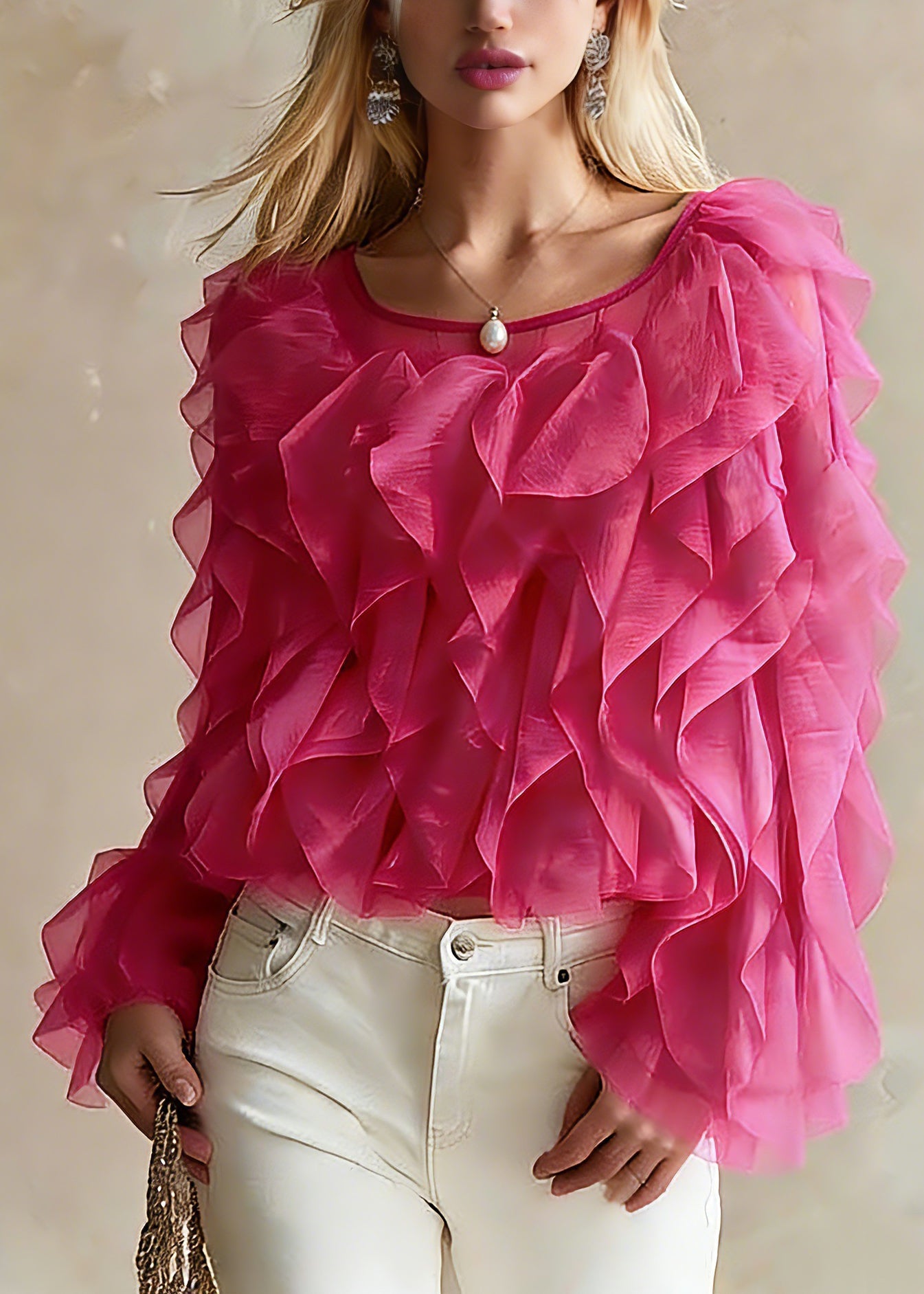 Bohemian Pink O-Neck Ruffled Chiffon Top Spring