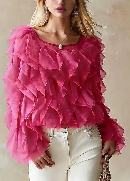 Bohemian Pink O-Neck Ruffled Chiffon Top Spring