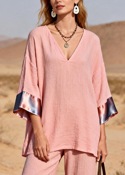 Bohemian Pink Oversized Patchwork Silk Cotton Two-Piece Set Spring