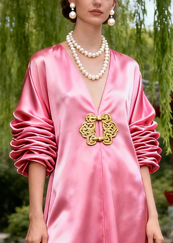 Bohemian Pink Oversized Wrinkled Draping Silk Holiday Dress Summer
