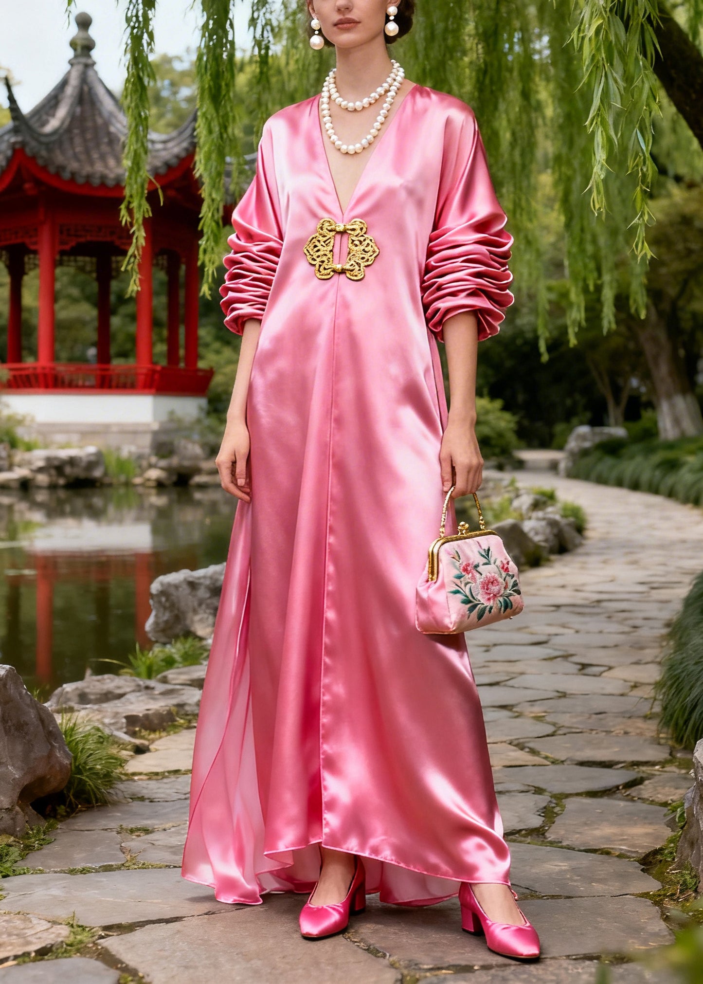 Bohemian Pink Oversized Wrinkled Draping Silk Holiday Dress Summer
