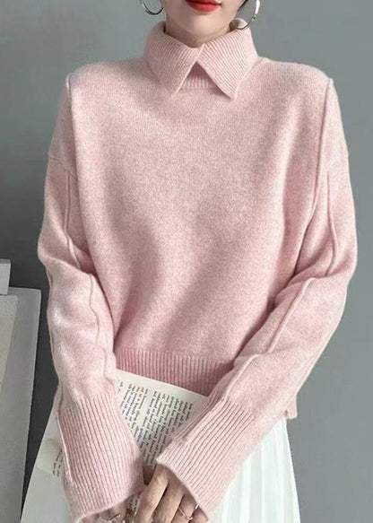 Bohemian Pink Peter Pan Collar Thick Knit Sweater Tops Winter