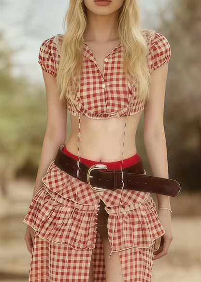 Bohemian Pink Plaid Side Open Cotton Two Pieces Set Summer