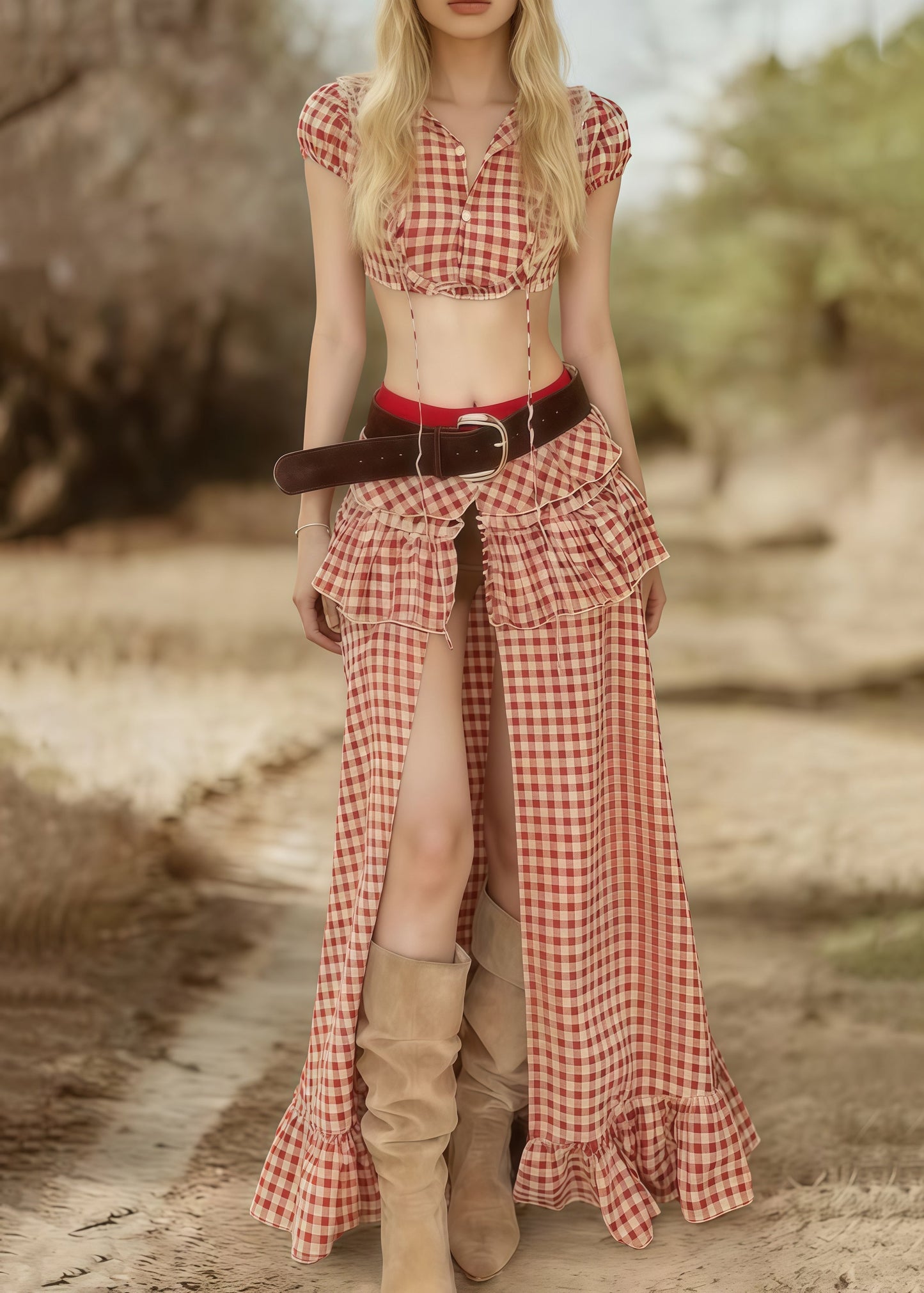 Bohemian Pink Plaid Side Open Cotton Two Pieces Set Summer