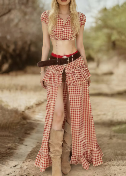 Bohemian Pink Plaid Side Open Cotton Two Pieces Set Summer