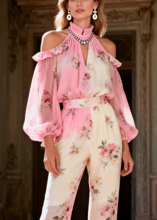Bohemian Pink Print Cold Shoulder Chiffon Shirts And Flared Trousers Two-Piece Set Spring