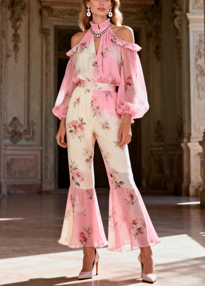 Bohemian Pink Print Cold Shoulder Chiffon Shirts And Flared Trousers Two-Piece Set Spring