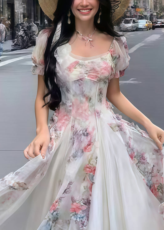 Bohemian Pink Print Exra Large Hem Tulle Vacation Dresses Summer