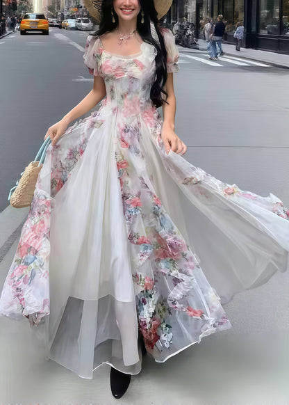 Bohemian Pink Print Exra Large Hem Tulle Vacation Dresses Summer