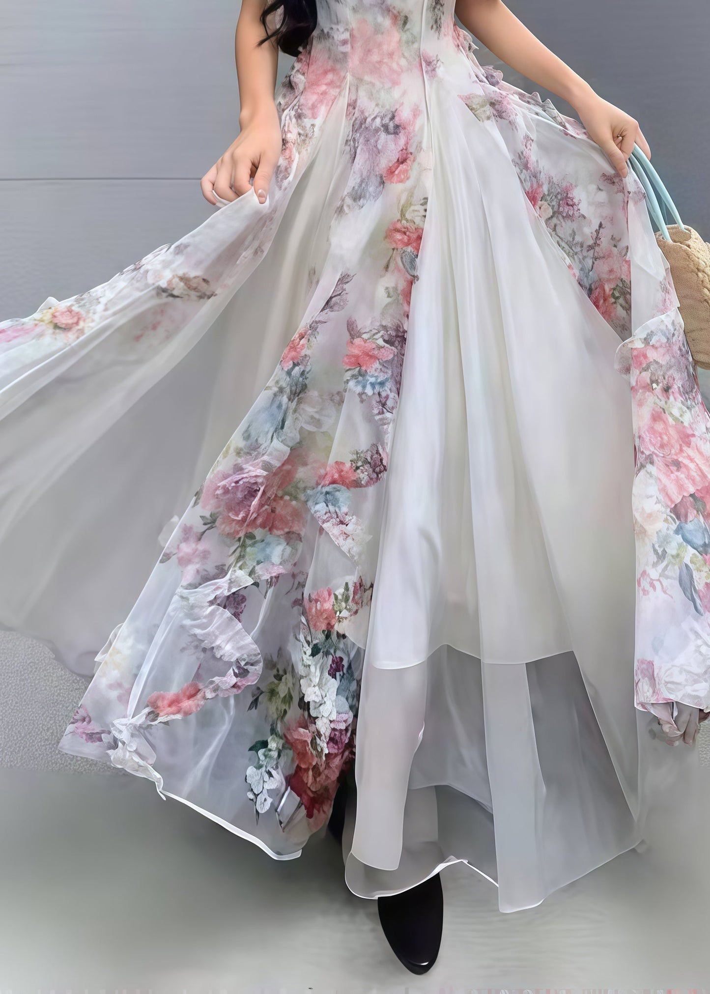 Bohemian Pink Print Exra Large Hem Tulle Vacation Dresses Summer