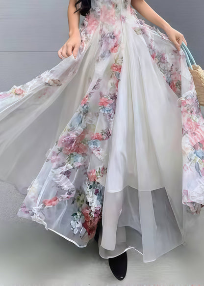 Bohemian Pink Print Exra Large Hem Tulle Vacation Dresses Summer