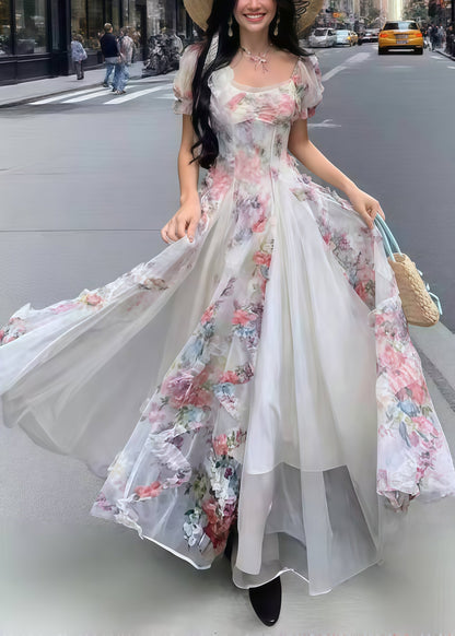 Bohemian Pink Print Exra Large Hem Tulle Vacation Dresses Summer