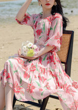 Load image into Gallery viewer, Bohemian Pink Print Patchwork Chiffon Long Holiday Dress Summer