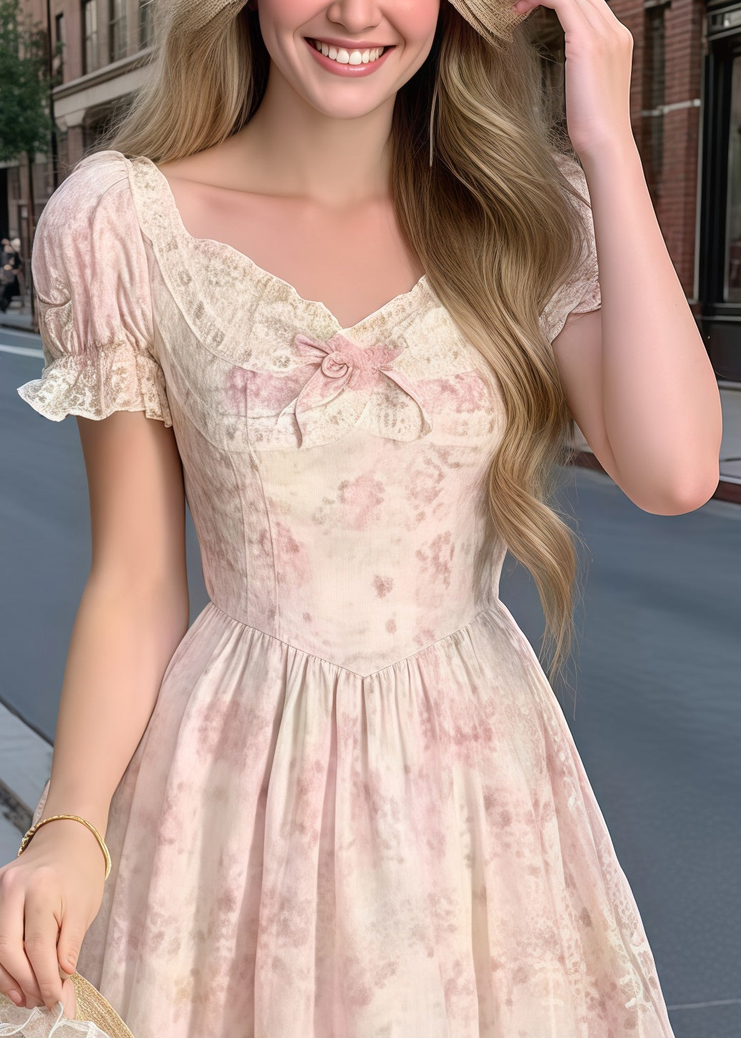 Bohemian Pink Puff Sleeve Patchwork Bow Party Dress Summer