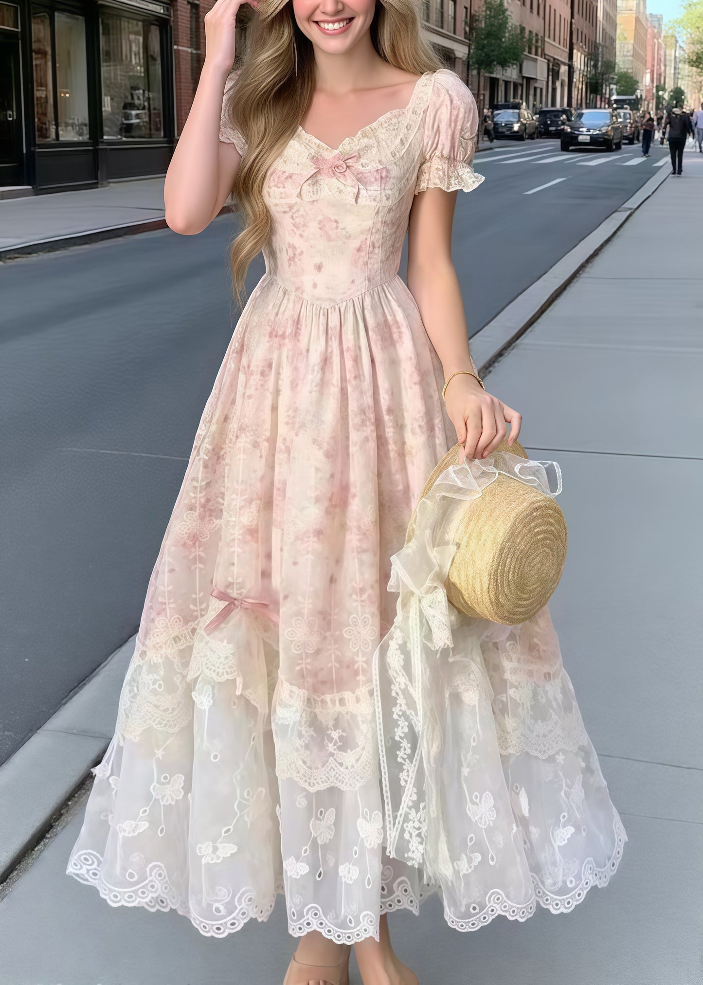 Bohemian Pink Puff Sleeve Patchwork Bow Party Dress Summer