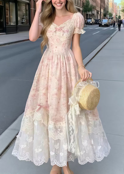 Bohemian Pink Puff Sleeve Patchwork Bow Party Dress Summer