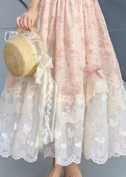 Bohemian Pink Puff Sleeve Patchwork Bow Party Dress Summer