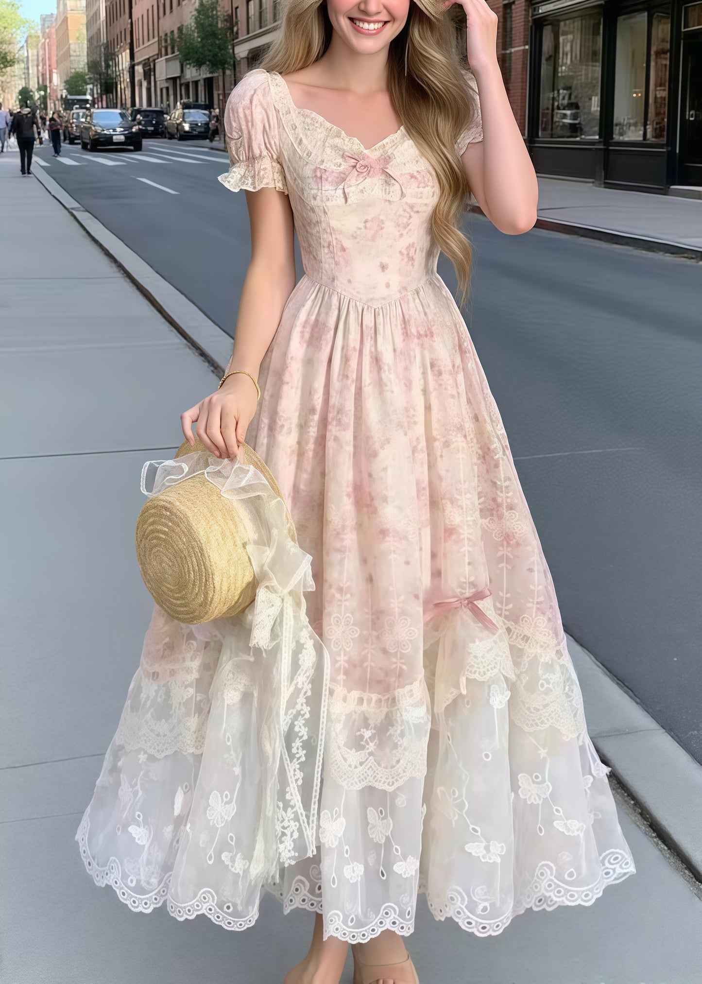 Bohemian Pink Puff Sleeve Patchwork Bow Party Dress Summer