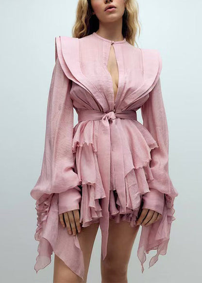 Bohemian Pink Ruffled Cotton Mini Dress Lantern Sleeve