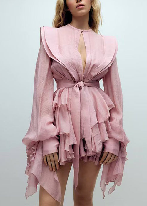 Bohemian Pink Ruffled Cotton Mini Dress Lantern Sleeve