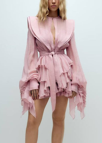 Bohemian Pink Ruffled Cotton Mini Dress Lantern Sleeve