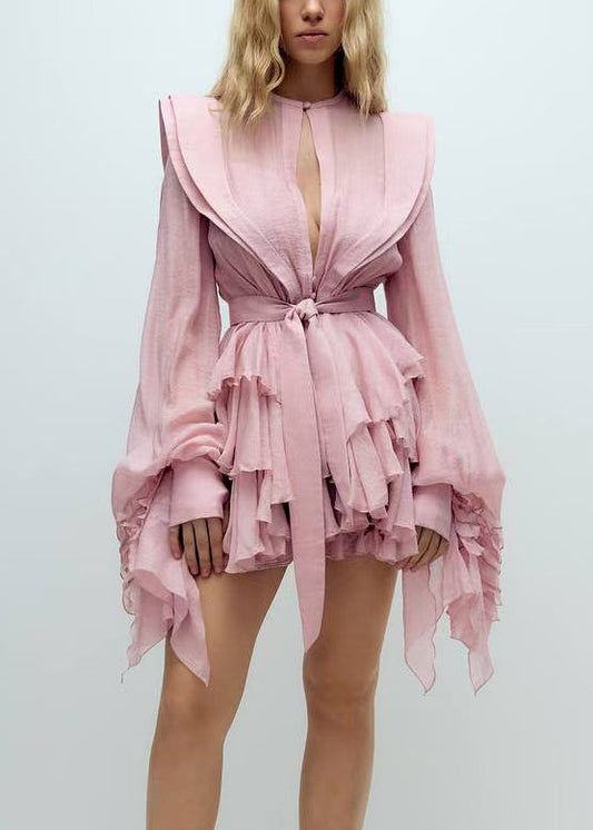Bohemian Pink Ruffled Cotton Mini Dress Lantern Sleeve