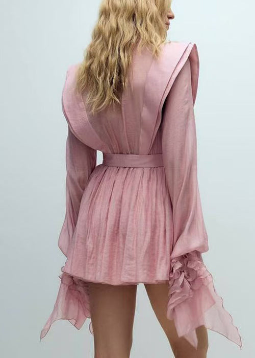 Bohemian Pink Ruffled Cotton Mini Dress Lantern Sleeve