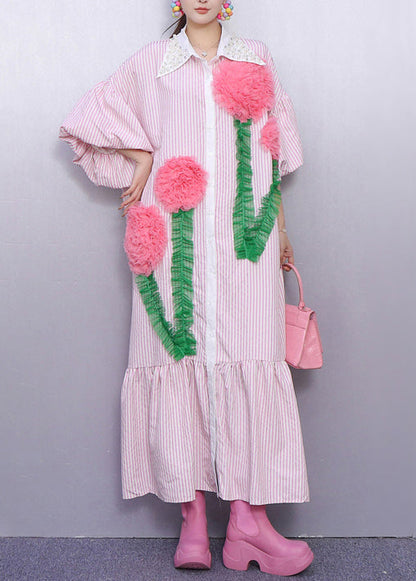 Bohemian Pink Striped Flower Decorated Cotton Dresses Puff Sleeve