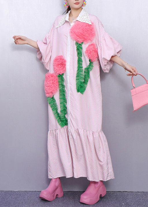 Bohemian Pink Striped Flower Decorated Cotton Dresses Puff Sleeve
