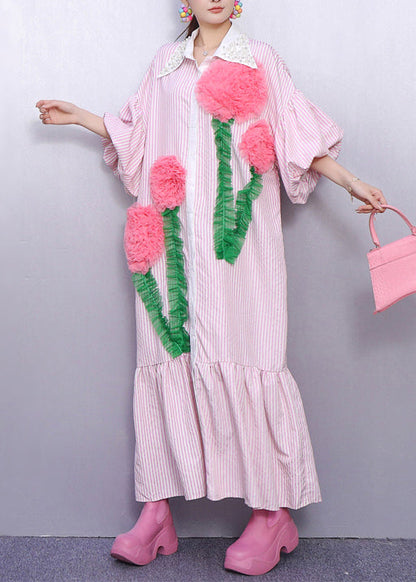 Bohemian Pink Striped Flower Decorated Cotton Dresses Puff Sleeve