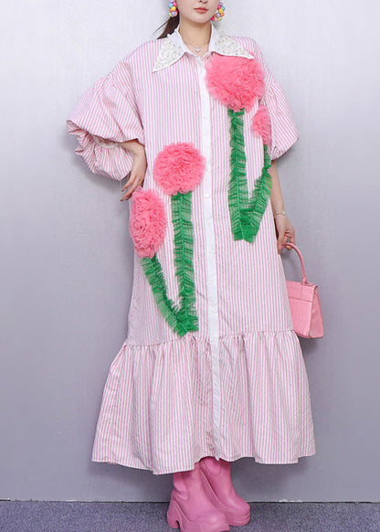 Bohemian Pink Striped Flower Decorated Cotton Dresses Puff Sleeve