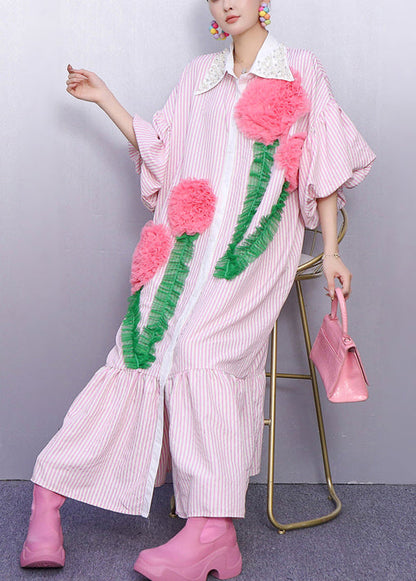 Bohemian Pink Striped Flower Decorated Cotton Dresses Puff Sleeve