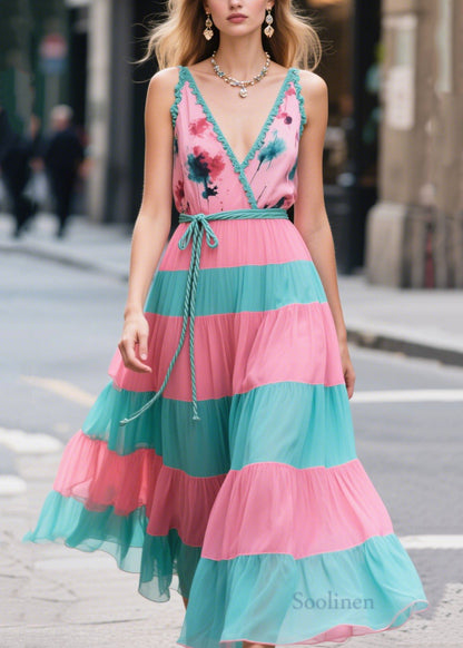 Bohemian Pink Tie Waist Patchwork Chiffon Long Dresses Summer