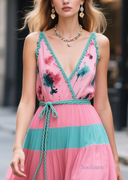 Bohemian Pink Tie Waist Patchwork Chiffon Long Dresses Summer