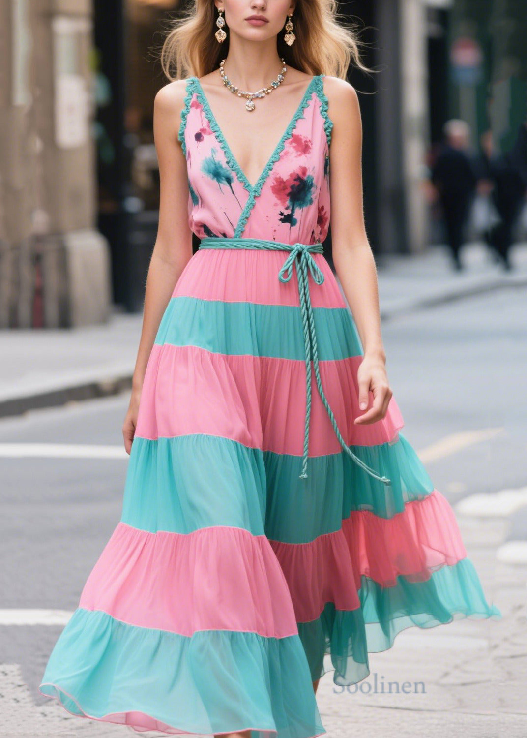 Bohemian Pink Tie Waist Patchwork Chiffon Long Dresses Summer