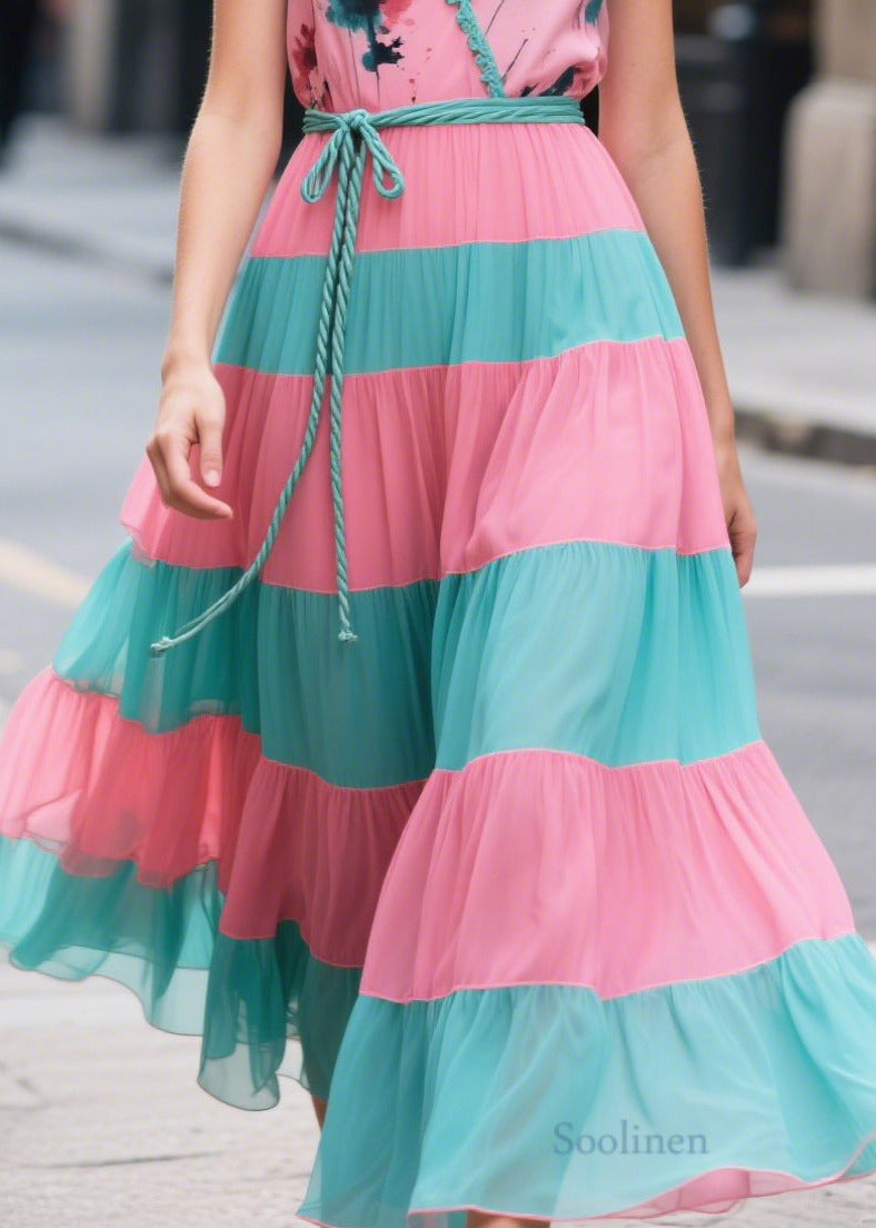 Bohemian Pink Tie Waist Patchwork Chiffon Long Dresses Summer