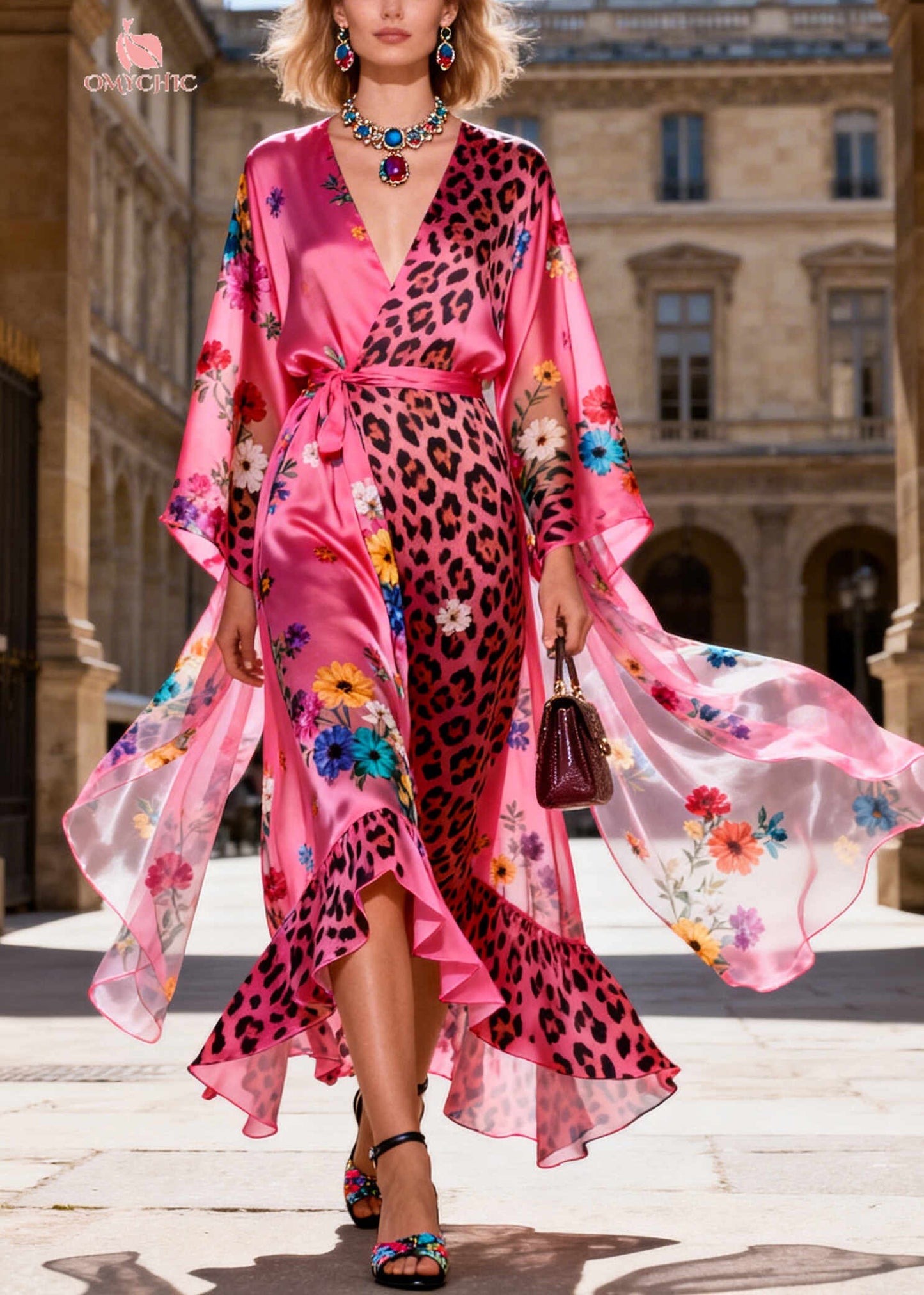 Bohemian Pink Tie Waist Print Chiffon Maxi Dresses Summer