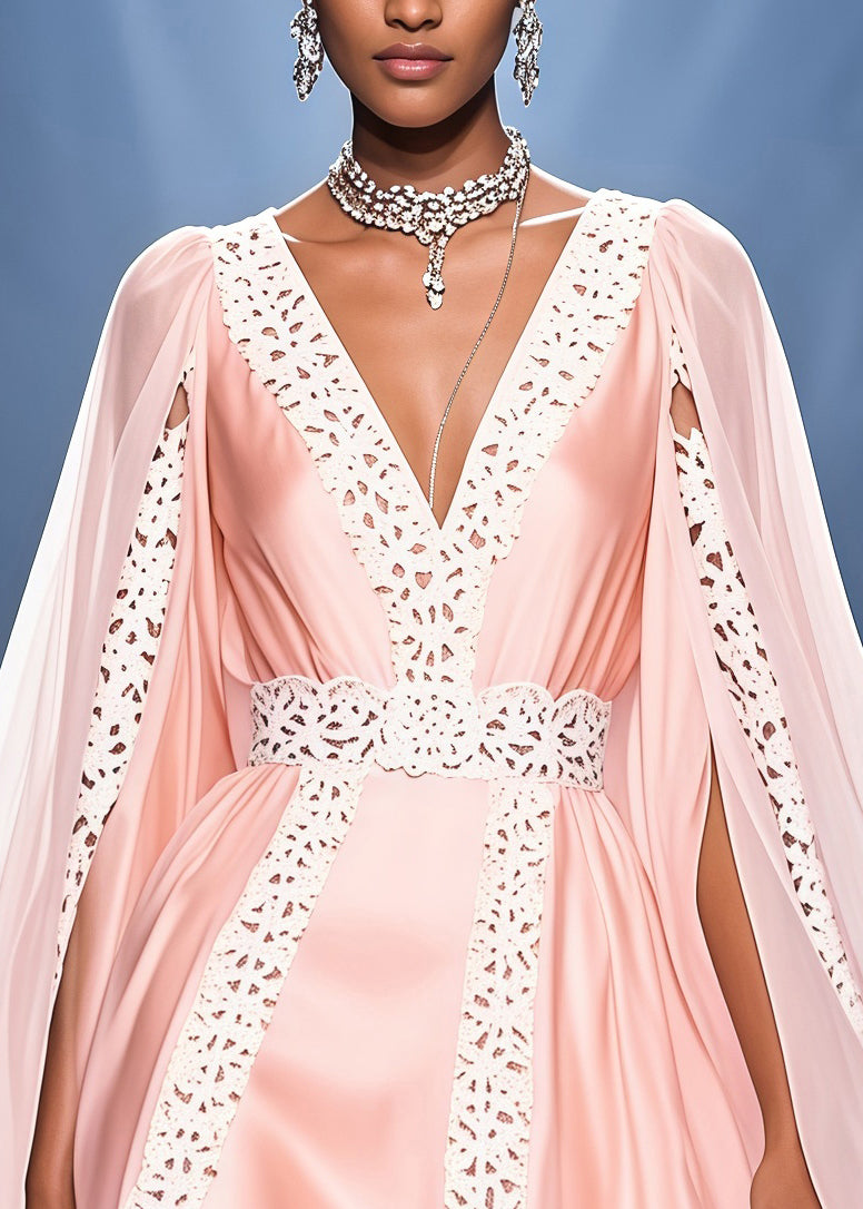 Bohemian Pink V Neck Lace Patchwork Cloak Silk Party Dress Summer