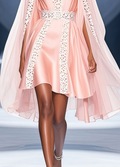 Bohemian Pink V Neck Lace Patchwork Cloak Silk Party Dress Summer